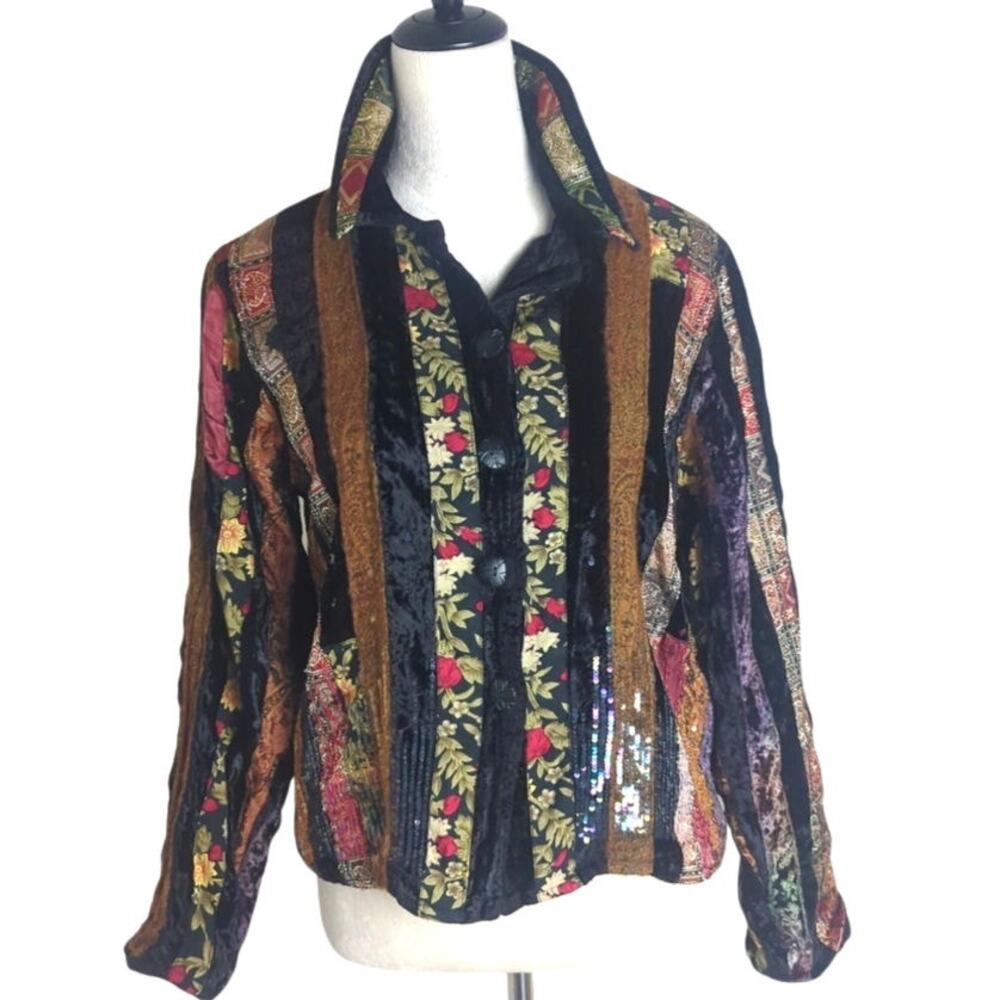 Vintage Whimsigoth Button Down Patchwork Wool Velvet Mixed Media Size Medium